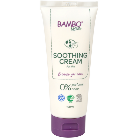 Eine weiße 100ml Tube Bambo Nature Pflegecreme von Abena Re-Seller GmbH, farb- und parfümfrei, ideal für empfindliche Haut, mit lila Kappe, grünem Logo, Zertifizierungssymbolen. Verkauft als Packung (6 Stück).