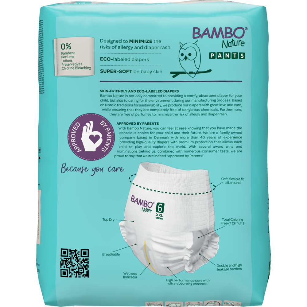 Rückseite einer tealfarbenen Bambo Nature Pants (Größe 6 XXL) von Abena Re-Seller GmbH, mit Ökolabel für umweltfreundliche und hautfreundliche Windeln, superweich, minimiert Allergien, und zeigt ein Windelbild.