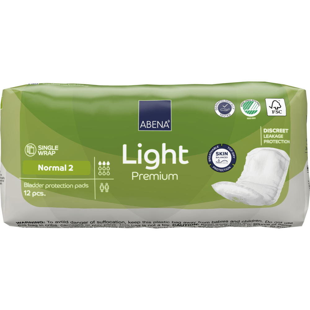 Balenie ABENA Light Normal 2, Premium od spoločnosti Abena Re-Seller GmbH (12 kusov) ponúka diskrétnu ochranu proti úniku a vysokú savosť. Zeleno-biele balenie zobrazuje s produktovými informáciami a piktogramami rozšírené výhody.