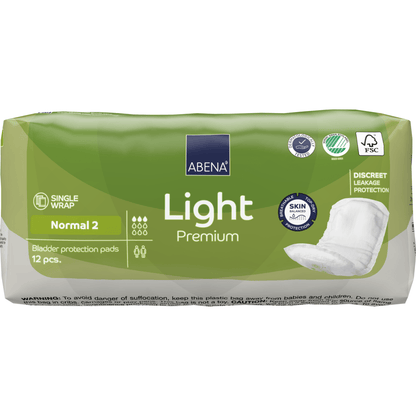 Balenie ABENA Light Normal 2, Premium od spoločnosti Abena Re-Seller GmbH (12 kusov) ponúka diskrétnu ochranu proti úniku a vysokú savosť. Zeleno-biele balenie zobrazuje s produktovými informáciami a piktogramami rozšírené výhody.