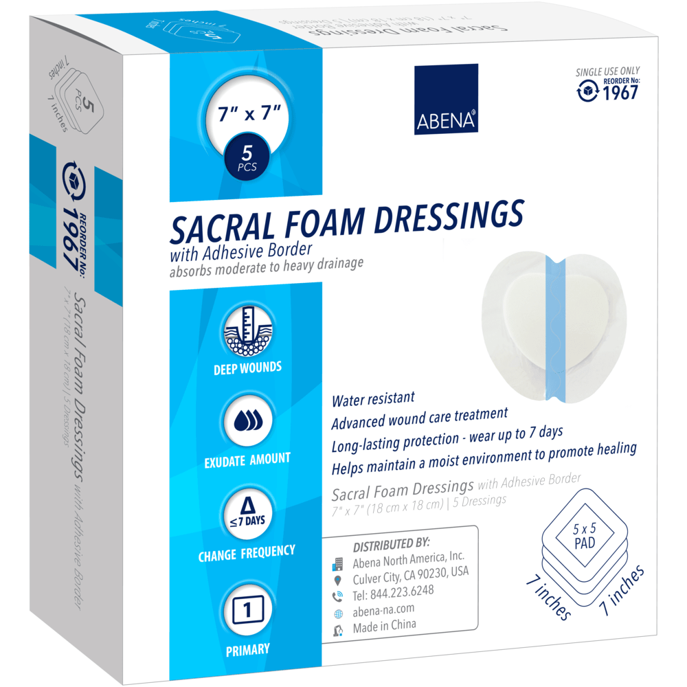 Krabica s abena sakrálnymi penovými obväzmi, 7 "x7", 5 kusov, vodotesné, trvanlivé 7 dní pre hlboké rany. Spolu s vrecami na odpad Abena Re-Seller GmbH 125L LDPE (800x1000mm, modrá, rolka 25) pre bezpečnú likvidáciu; výrobca zobrazený.