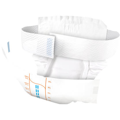 Die ABENA Wing Premium Wegwerfwindel für Erwachsene von Abena Re-Seller GmbH ist isoliert abgebildet und verfügt über verstellbare Seitenlaschen, eine saugfähige Polsterung, einen elastischen Bund und orange und blaue Größenmarkierungen für optimalen Schutz und Komfort.