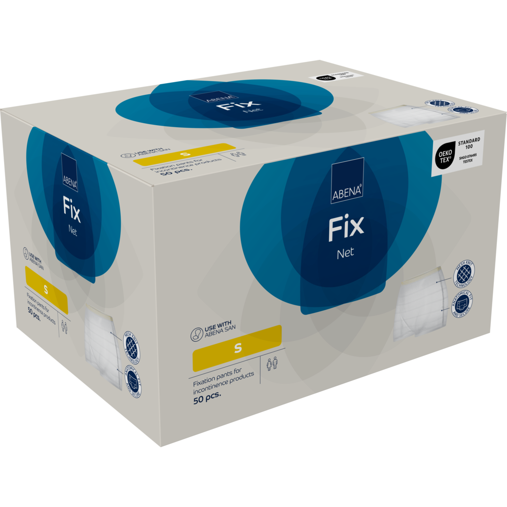 Eine Schachtel mit 50 Abena Re-Seller GmbH Fixierhosen, ABENA Fix, Net in Größe S. Die hellgraue Verpackung mit blauen Akzenten zeigt Produktinfos und Zertifizierungslogos - ideale Inkontinenzprodukte für eine sichere, komfortable Fixierung.