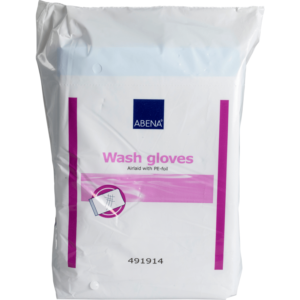 Zapečatené plastové balenie s 50 umývacími rukavicami Abena Re-Seller GmbH (16x23 cm, Airlaid/PE, biela) má biele balenie s ružovými a modrými akcentmi, obrázok rukavice a číslo produktu 491914 na spodnom okraji.