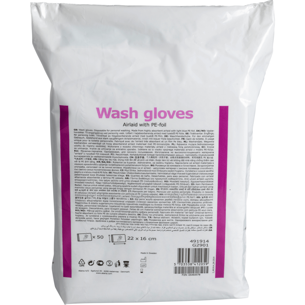 Biele balenie s nápisom "Umývacie rukavice" fialovým písmom od Abena Re-Seller GmbH obsahuje 50 jednorazových rukavíc Airlaid/PE vo formáte 16 x 23 cm - ideálne pre hygienické a pohodlné použitie.
