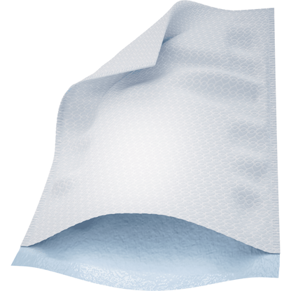 Detailný záber na umývací rukavicu Abena Re-Seller GmbH (16x23 cm, Airlaid/PE, biela, 50 kusov) ukazuje štruktúrovanú bielu vrchnú stranu z Airlaid/PE a modrú vodotesnú spodnú stranu, pričom jeden roh je nadvihnutý, aby bolo vidieť spodnú stranu.