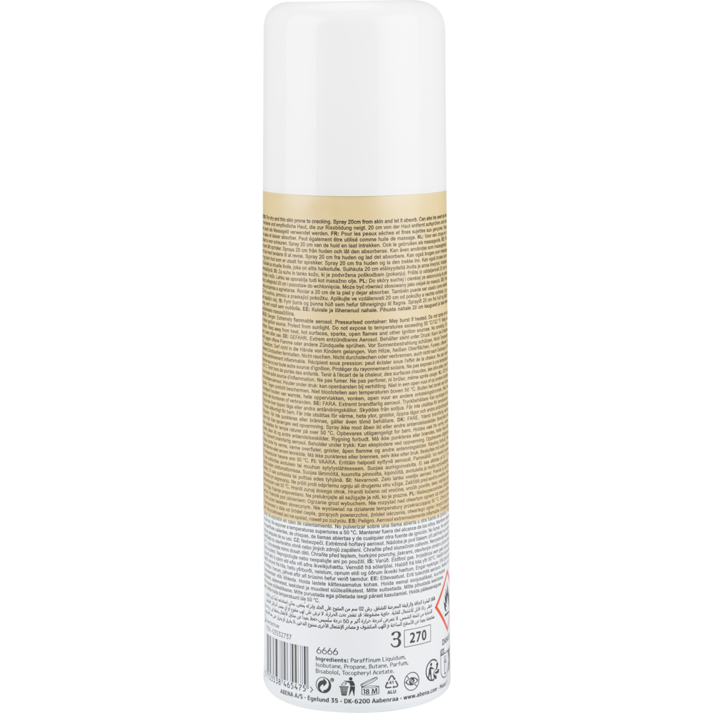 Ölspray, leicht parfümiert (200 ml) von Abena Re-Seller GmbH, aufrecht stehend mit weißer Kappe und einem detaillierten Rückenetikett mit Anweisungen, Warnhinweisen und Recyclinginformationen. Verkauft in Kartons zu 12 Stück.