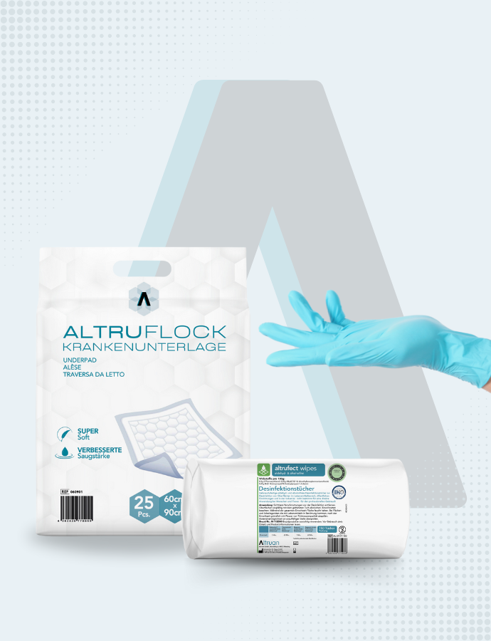 Eine Packung Altruflock Krankenunterlagen, eine Hand mit einem blauen medizinischen Handschuh und eine Rolle Krankenunterlagen werden vor einem hellen Hintergrund mit einem großen, stilisierten "A" dargestellt.