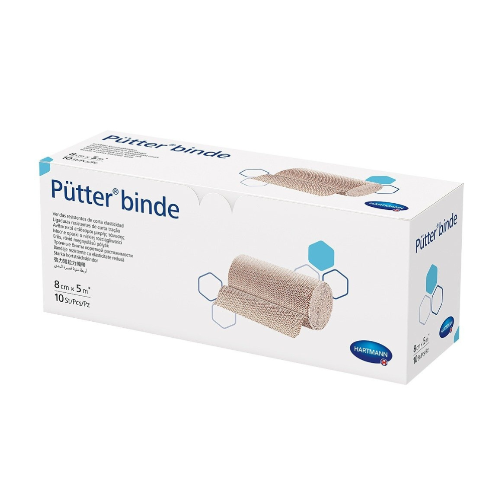 Škatuľa Hartmann Pütter-Verband® od spoločnosti Paul Hartmann AG, na ktorej strane sú viditeľné obrázky produktu, ktorý je druhom kohézneho obväzu. Balenie je dostupné vo farbách modrá a biela s textom a ...