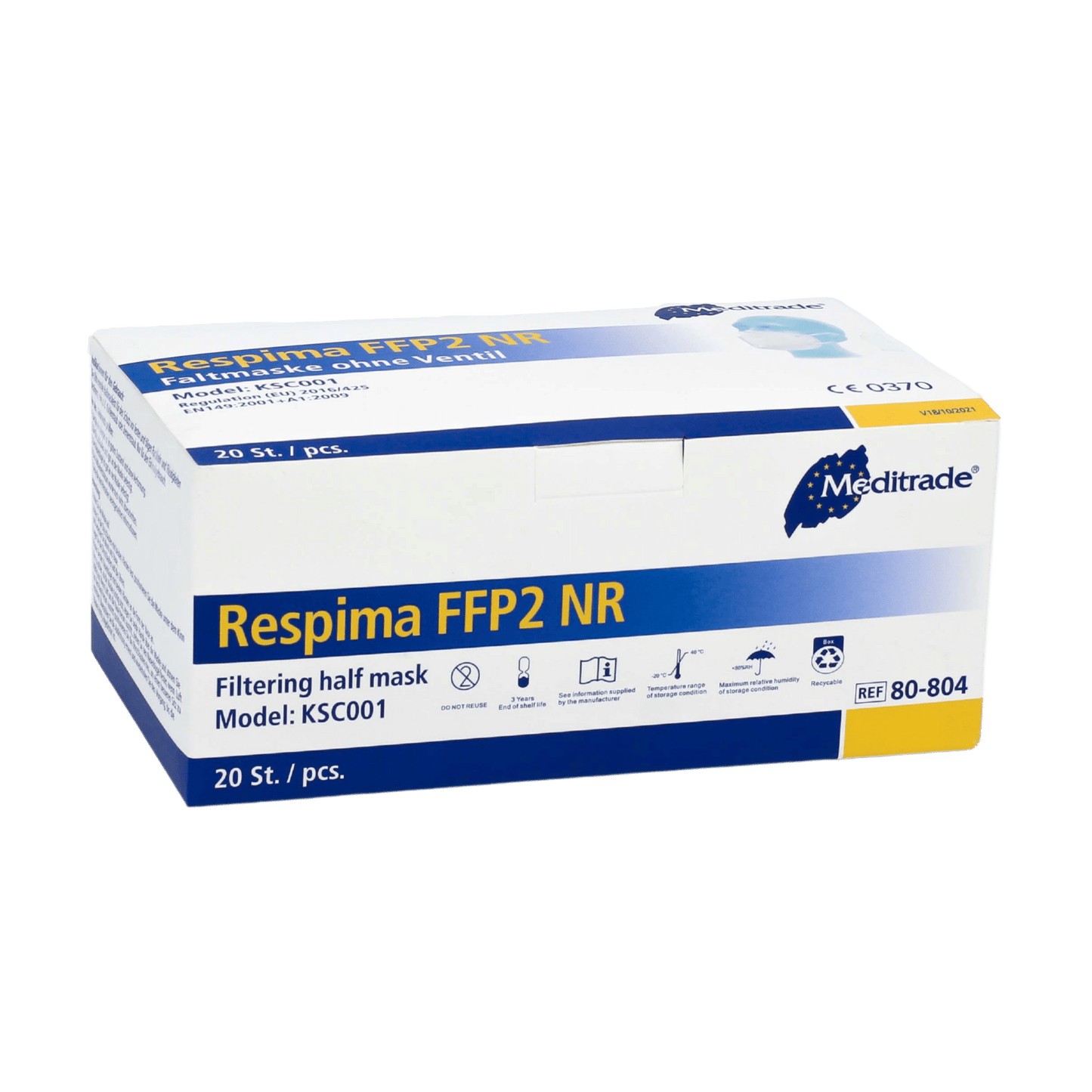 Krabica Meditrade Respima FFP2 respirátorov je prezentovaná na jednoduchom pozadí. Biela krabica s modrými detailmi ukazuje, že obsahuje 100 kusov a v pravom hornom rohu nesie výrazne názov značky Meditrade GmbH, známej pre osobné ochranné prostriedky.