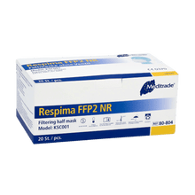 Krabica Meditrade Respima FFP2 respirátorov je prezentovaná na jednoduchom pozadí. Biela krabica s modrými detailmi ukazuje, že obsahuje 100 kusov a v pravom hornom rohu nesie výrazne názov značky Meditrade GmbH, známej pre osobné ochranné prostriedky.