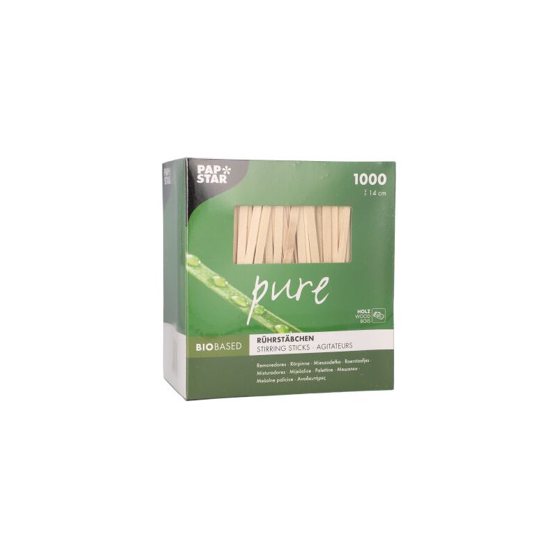 Krabica miešacích paličiek „pure“ spoločnosti PAPSTAR GmbH obsahuje 1 000 paličiek s dĺžkou 14 cm z brezového dreva bez triesok, charakterizovaných zeleným dizajnom s nápismi „bio-based“ a „100% natural“.