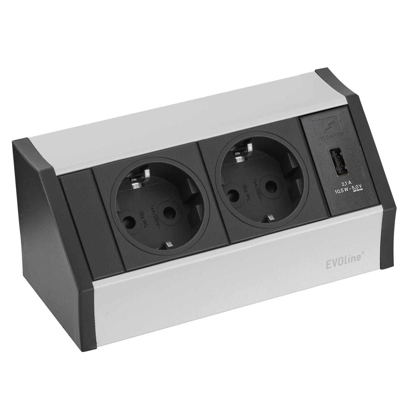 Novocal Smart Power Outlet Allrounder má dve uzemnené európske zásuvky, jeden USB nabíjací port a strieborno-čierny dizajn s nápisom "EVOline" na pravej dolnej prednej strane. Vrátane H05 kábla; 1 kus v balení.