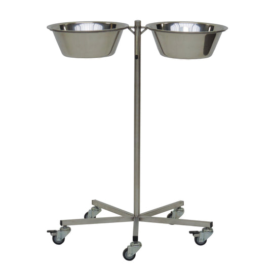 Der Novocal Schalenständer (700 x 600 x 800 mm) aus Edelstahl bietet zwei runde Schalen und steht auf einer stabilen Basis mit fünf Leichtlauflenkrollen - perfekt für Gastronomie und maximale Mobilität.