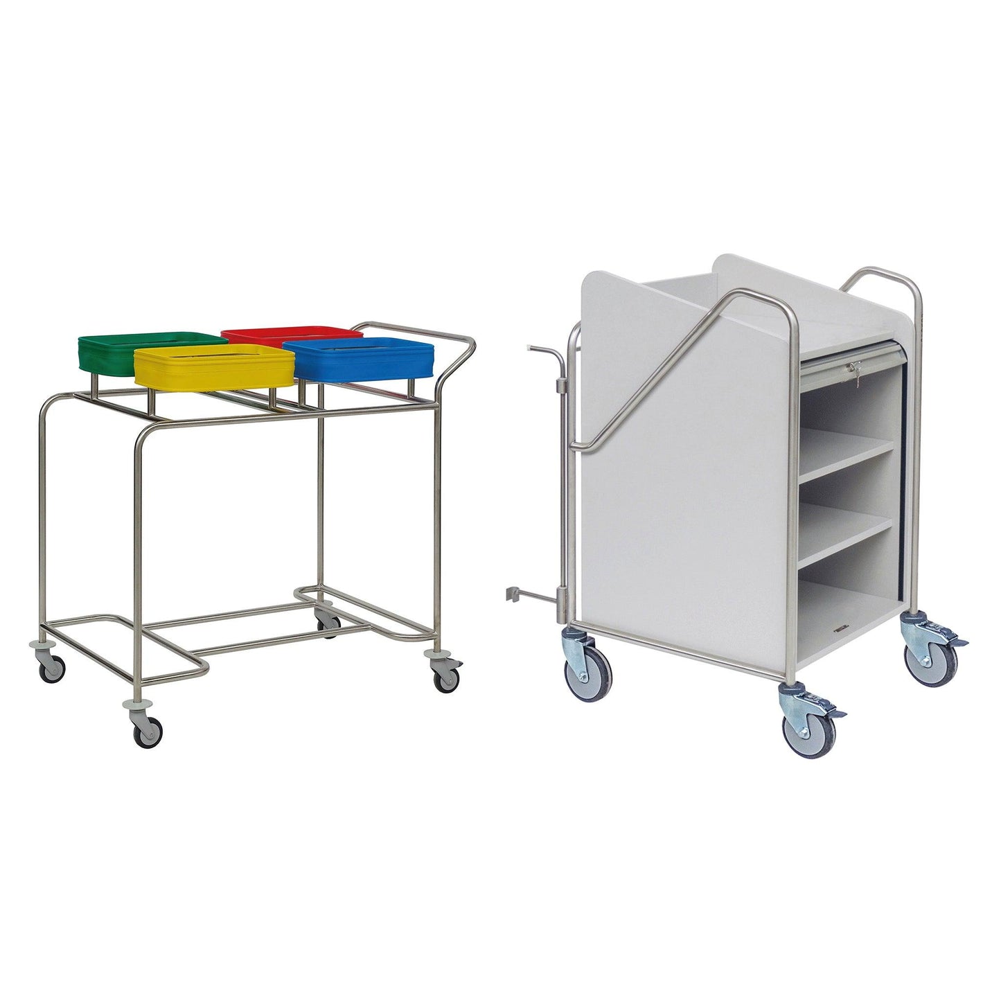 Novocal ponúka dva typy staničných vozíkov: jeden s rámom z nehrdzavejúcej ocele (celkom zvarený) a 3 farebne kódovanými nádobami (žltá, zelená, červená) a jeden biely staničný vozík pre nemocnice s poličkami a bočnými rukoväťami. Obe majú otočné kolieska.