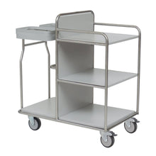 Der Novocal Stationswagen Rahmen aus Edelstahl mit rundum verschweißten Rohrverbindungen bietet drei Ablagen, vier Rollen, einen oberen Reling und ein Doppelfach-perfekt als vielseitiger Medizinwagen für geordnete Aufbewahrung und Mobilität.