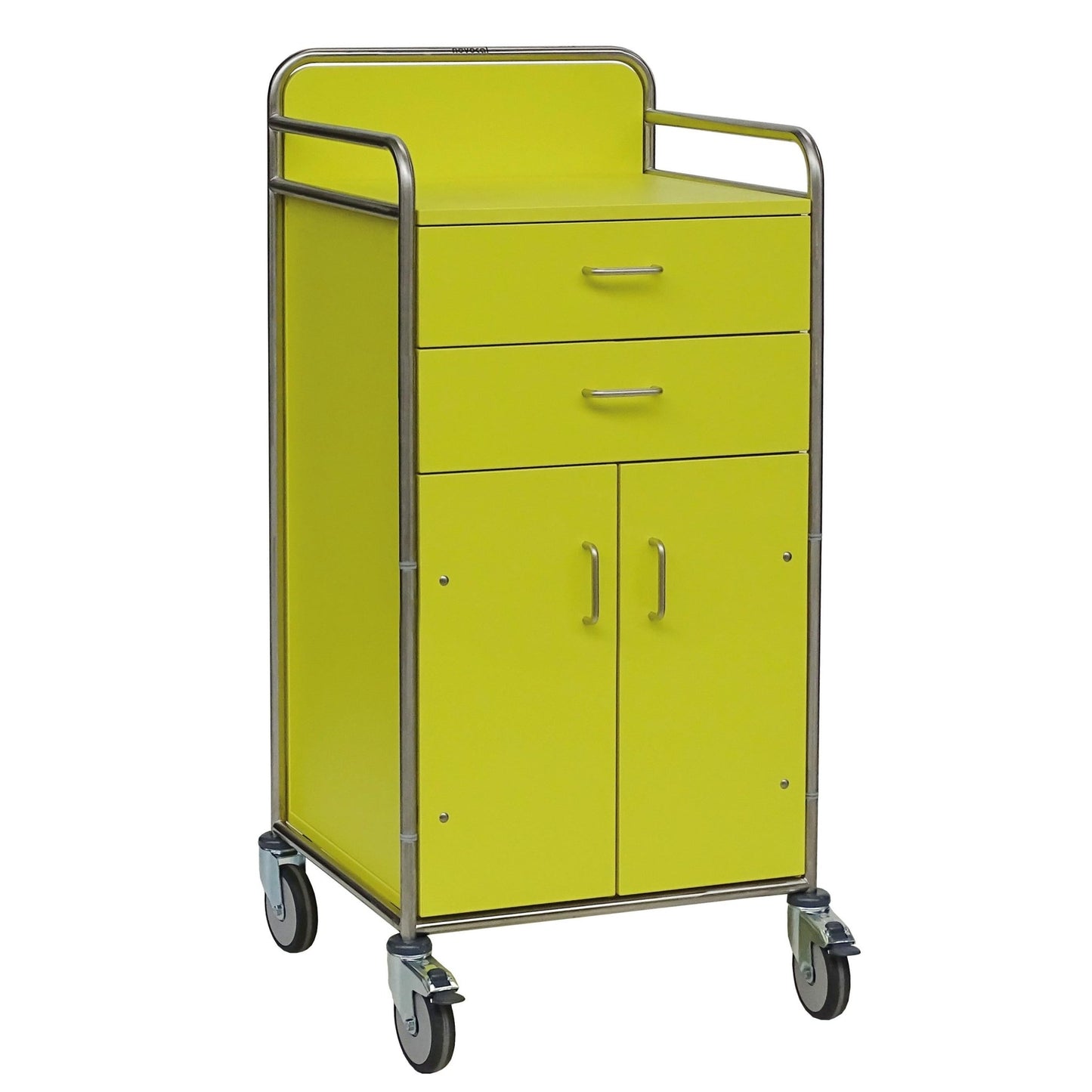 Novocal staničný vozík má žltý dizajn s dvoma zásuvkami, dvojdverovou skriňou, kovovými úchytkami a plne zváraným rámom z nehrdzavejúcej ocele - ideálny ako všestranný lekársky vozík, dodávaný ako jeden kus na balenie.