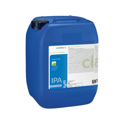 Na rýchlu dezinfekciu je vhodná veľká modrá plastová nádoba s nápisom „Schülke perform classic alc IPA Flächendesinfektionsmittel“ od Schülke & Mayr GmbH, potlačená grafikou a „alcohol IPA“. Disponuje čiernym uzáverom a bočným označením „UN1“.