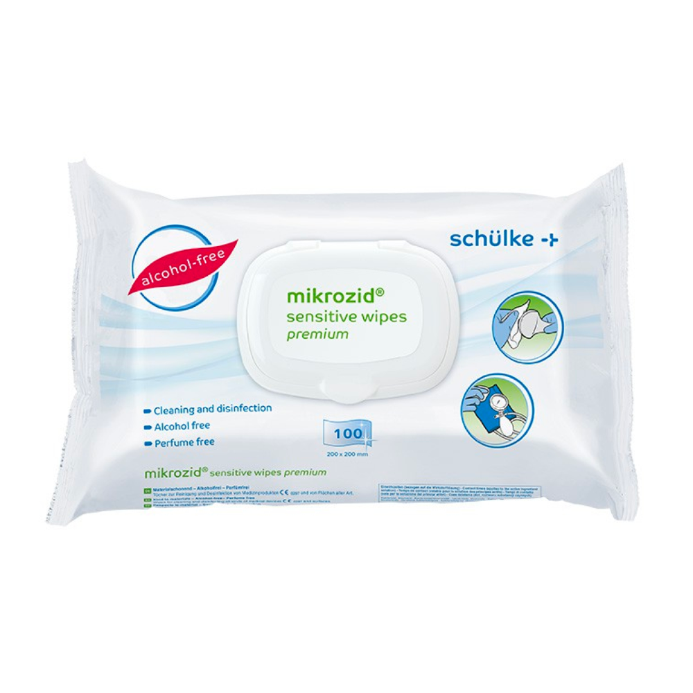 Balenie Schülke Mikrozid® sensitive wipes Jumbo dezinfekčných utierok od Schülke & Mayr GmbH v bielom znovuuzatvárateľnom plastovom obale s modrým a zeleným textom a symbolmi pre vlastnosti bez alkoholu a parfumu, obsahuje