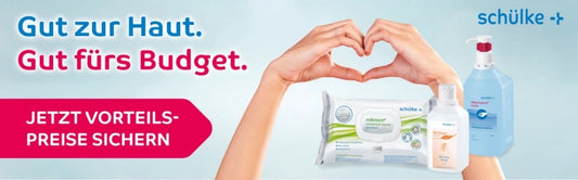 Werbeanzeige von Schülke mit dem Slogan ‚Gut zur Haut. Gut fürs Budget.‘ auf blau-rosa Hintergrund. Links ein pinker Button mit der Aufschrift ‚Jetzt Vorteilspreise sichern‘. Rechts zwei Hände, die ein Herz formen, davor verschiedene Schülke-Produkte wie Desinfektionsmittel, Lotion und Reinigungstücher. Oben rechts das Schülke-Logo.