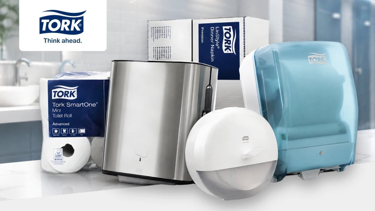 Tork Hygieneprodukte und Spendersysteme für den Waschraum, darunter Toilettenpapier, Servietten, Abfallbehälter sowie Papier- und Toilettenpapierspender.