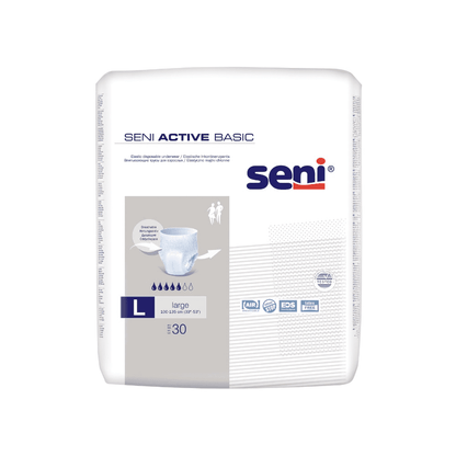 Balenie 30 Seni Active Basic inkontinenčných nohavičiek (veľkosť M-XL) od spoločnosti TZMO Deutschland GmbH je zobrazené na bielom pozadí s produktovými informáciami, symbolmi funkcií na ochranu pred slabosťou močového mechúra a ilustráciou plienky.
