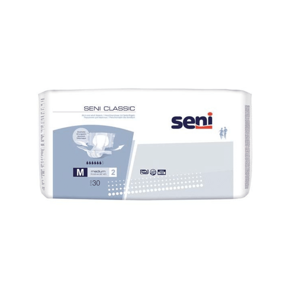 Balenie 30 Seni Classic inkontinenčných nohavičiek, veľkosť S-L od TZMO Deutschland GmbH. Bielo/svetlomodré balenie s informáciami o produkte a obrázkami; ideálne pri slabosti močového mechúra vďaka spoľahlivej technológii superabsorbéra.
