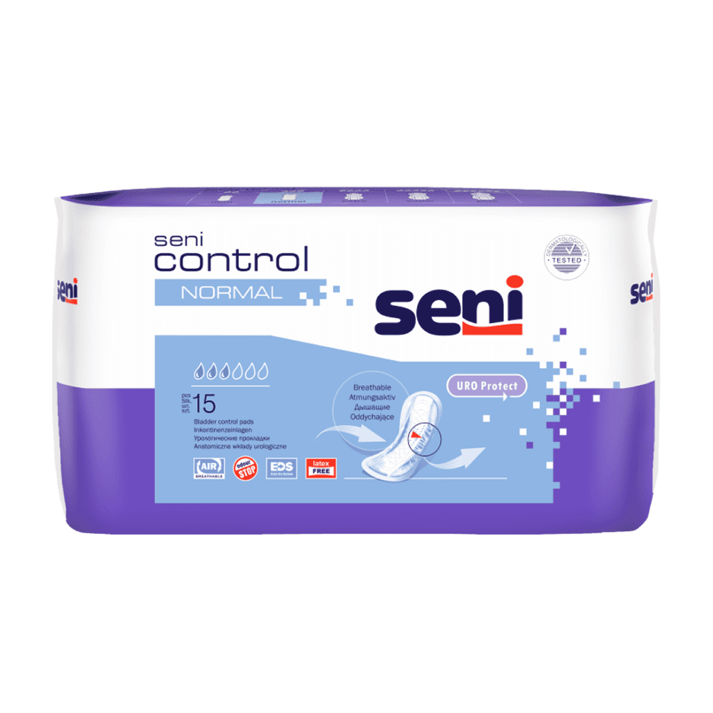 Balenie s 15 Seni Control Normal inkontinenčnými vložkami od spoločnosti TZMO Deutschland GmbH v fialovo-bielom dizajne s podrobnosťami o produkte. Tieto vložky poskytujú priedušnú, diskrétnu a pohodlnú ochranu pri inkontinencii.