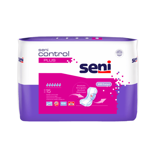 Jedno balenie Seni Inkontinenčná vložka Control Plus od spoločnosti TZMO Deutschland GmbH obsahuje 15 vložiek, je vybavená ochranou proti vytekaniu a dodáva sa v fialovo-bielom obale s logom značky a obrázkom vložky na prednej strane.