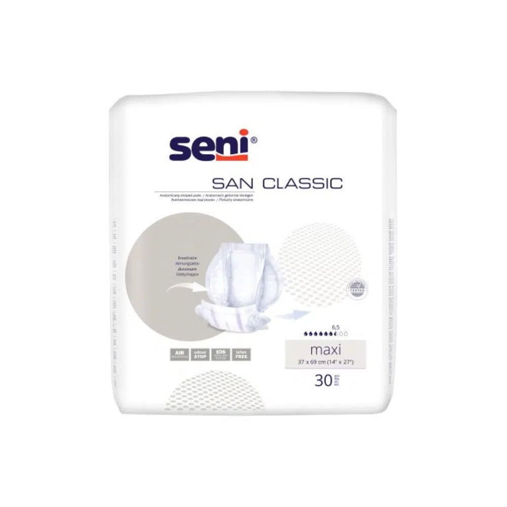 San Seni Classic Maxi inkontinenčná vložka od TZMO Deutschland GmbH - balenie s 30 kusmi pre slabosť močového mechúra, s bezpečnou ochranou proti úniku. Podrobnosti o produkte a logo na bielom obale.