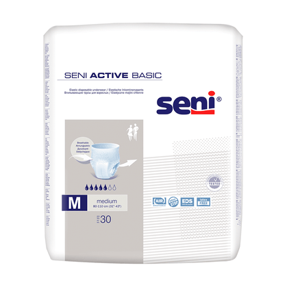 30-kusové balenie Seni Active Basic inkontinenčných nohavičiek vo veľkostiach M-XL od spoločnosti TZMO Deutschland GmbH. Prevažne biele balenie obsahuje modrý a sivý text, obrázok plienky a produktové informácie. Vhodné pre obvody pásu od 60 do 110 cm.