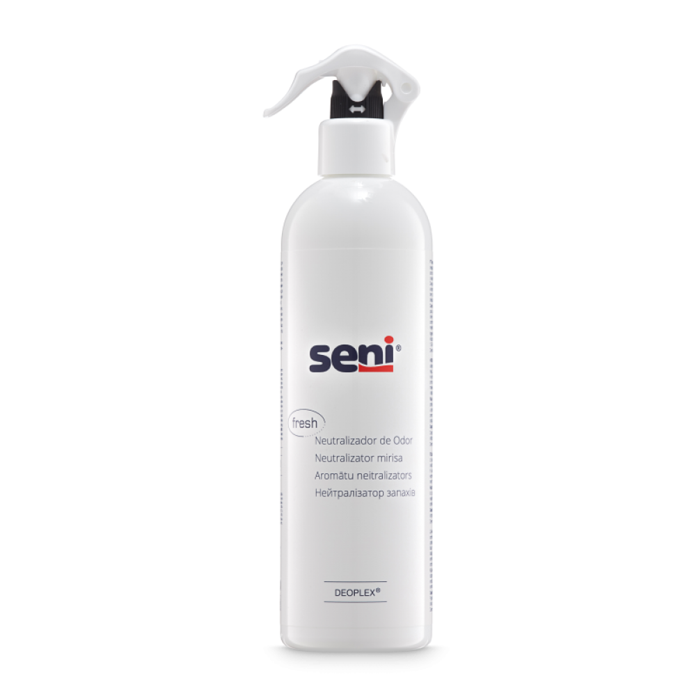 Seni Care neutralizátor zápachu od TZMO Deutschland GmbH je 500 ml fľaša s rozprašovačom, ktorá zabezpečuje príjemné prostredie bez zápachu. Je opatrený viacjazyčným textom a logom DEOPEX+ a efektívne neutralizuje zápachy vo vašich priestoroch.
