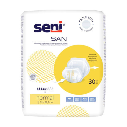 Balenie Seni San Normal inkontinenčná vložka veľkosť 5 s 30 kusmi, označené detailmi produktu ako „priedušný“, „zastavenie zápachu“ a „bez latexu“. TZMO Deutschland GmbH.