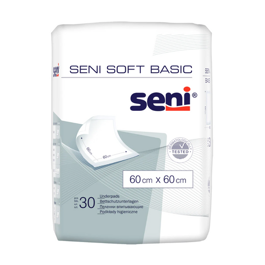 Ein Paket von TZMO Deutschland GmbH Seni Soft Basic Bettschutzunterlage, verschiedene Größen – 30 Stück. Die Verpackung ist weiß und hellblau und zeigt 30 Unterlagen sowie Prüfsiegel.