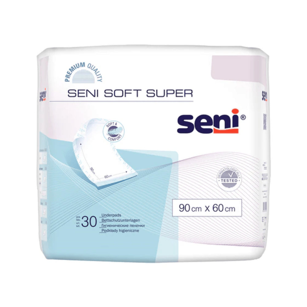 Jedno balenie Seni Ochranné podložky pod matrac Soft Super s rozmermi 90 x 60 cm od spoločnosti TZMO Deutschland GmbH sú opatrené logom značky, názvom výrobku a obrázkom podložky. Každé balenie obsahuje 25 kusov, čo podčiarkuje ich prémiovú kvalitu a komfort.