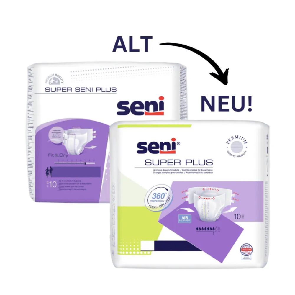 Abgebildet sind zwei Packungen Seni-Windeln: Die linke ist „Super Seni Plus“ mit einem violetten Design und der Aufschrift „ALT“, während die rechte, mit der Aufschrift „NEU!“, als „Seni Super Plus Atmungsaktive Inkontinenzhosen“ der TZMO Deutschland GmbH aktualisiert wurde und über einen doppelten Klebeklettverschluss und die fortschrittliche Superabsorber-Technologie verfügt.