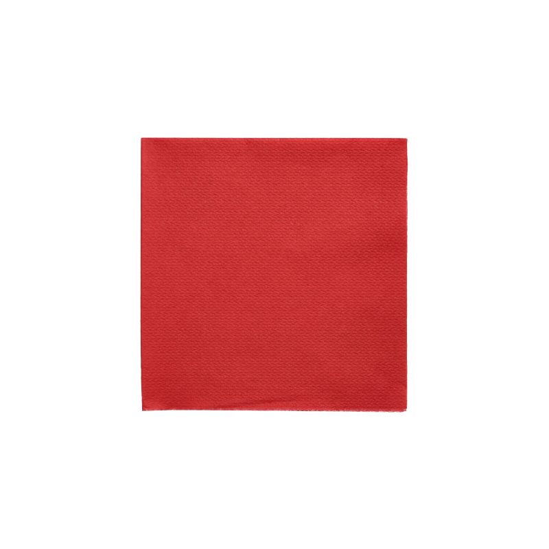 Eine einzelne rote 1-lagige PAPSTAR-Serviette (33 x 33 cm, 1/4-fach gefaltet) der PAPSTAR GmbH steht mittig auf weißem Hintergrund. Die glatte Struktur und die leuchtende Farbe unterstreichen das umweltfreundliche Design.