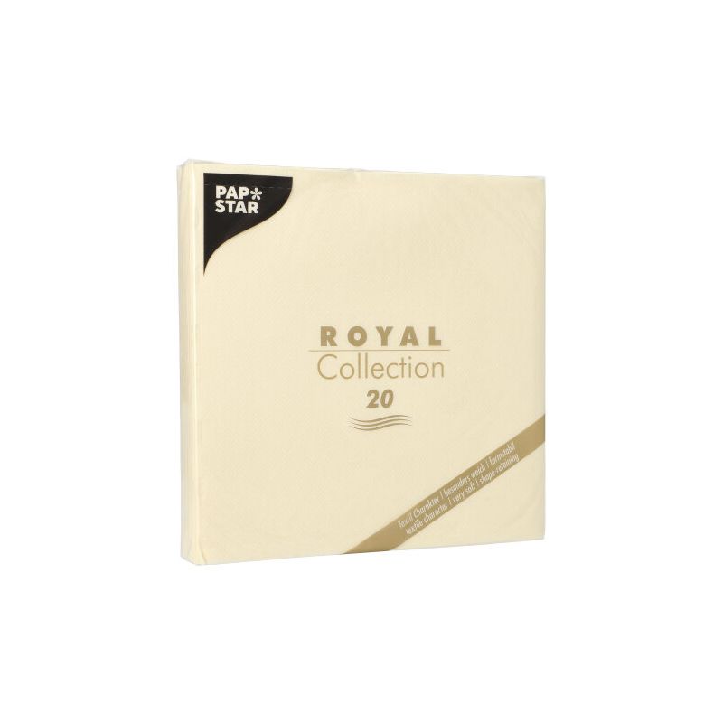 PAPSTAR Serviettenpaket "ROYAL Collection" von der PAPSTAR GmbH, bestehend aus 20 Servietten in exquisitem Design. Die cremefarbene Verpackung mit goldenem und schwarzem Text verleiht jedem gedeckten Tisch eine elegante Note.