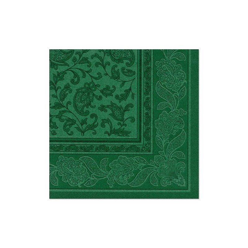 Die PAPSTAR 20 Servietten "ROYAL Collection" 1/4-Falz 40x40 cm von PAPSTAR GmbH mit grüner Paisley- und Blumenbordüre auf weißem Grund werten jeden gedeckten Tisch auf.