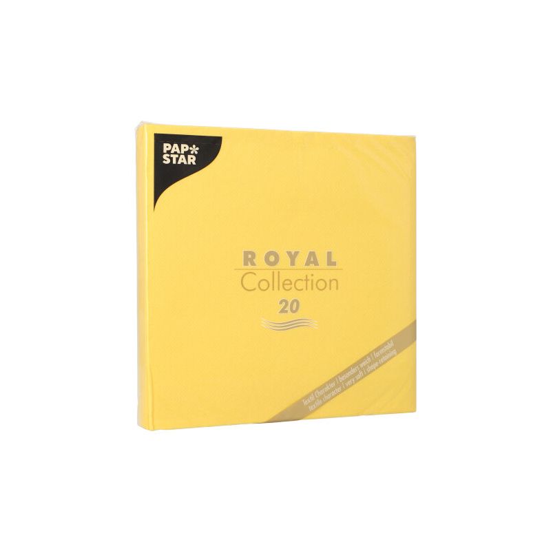 Abbildung eines gelben Pakets mit der Aufschrift „ROYAL Collection 20“ und dem PAPSTAR-Logo in der oberen linken Ecke. Das Paket enthält 20 Papierservietten, ideal für eine elegante Tischdekoration.