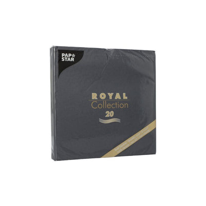 Abgebildet ist eine schwarze Packung PAPSTAR 20 Servietten "ROYAL Collection" 1/4-Falz (40x40 cm) der PAPSTAR GmbH mit goldenem Schriftzug auf weißem Hintergrund - ideal für eine stilvolle Tischdekoration.