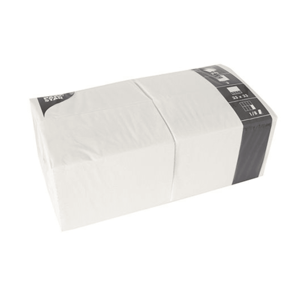 Obdĺžnikové balenie PAPSTAR 250 servítok, 3-vrstvové, s 1/8-skladom PAPSTAR GmbH má rozmery 33 x 33 cm a je zabalená v priehľadnom plastovom obale s čierno-bielou etiketou na jednom konci.