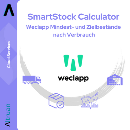 Logo a reklamná grafika pre „SmartStock Calculator: Weclapp kalkulačka minimálnych a cieľových zásob podľa spotreby“ od Altruan so symbolmi kamiónu, darčekovej krabice a diagramu ako symbol pre správu zásob na svetlom pozadí.