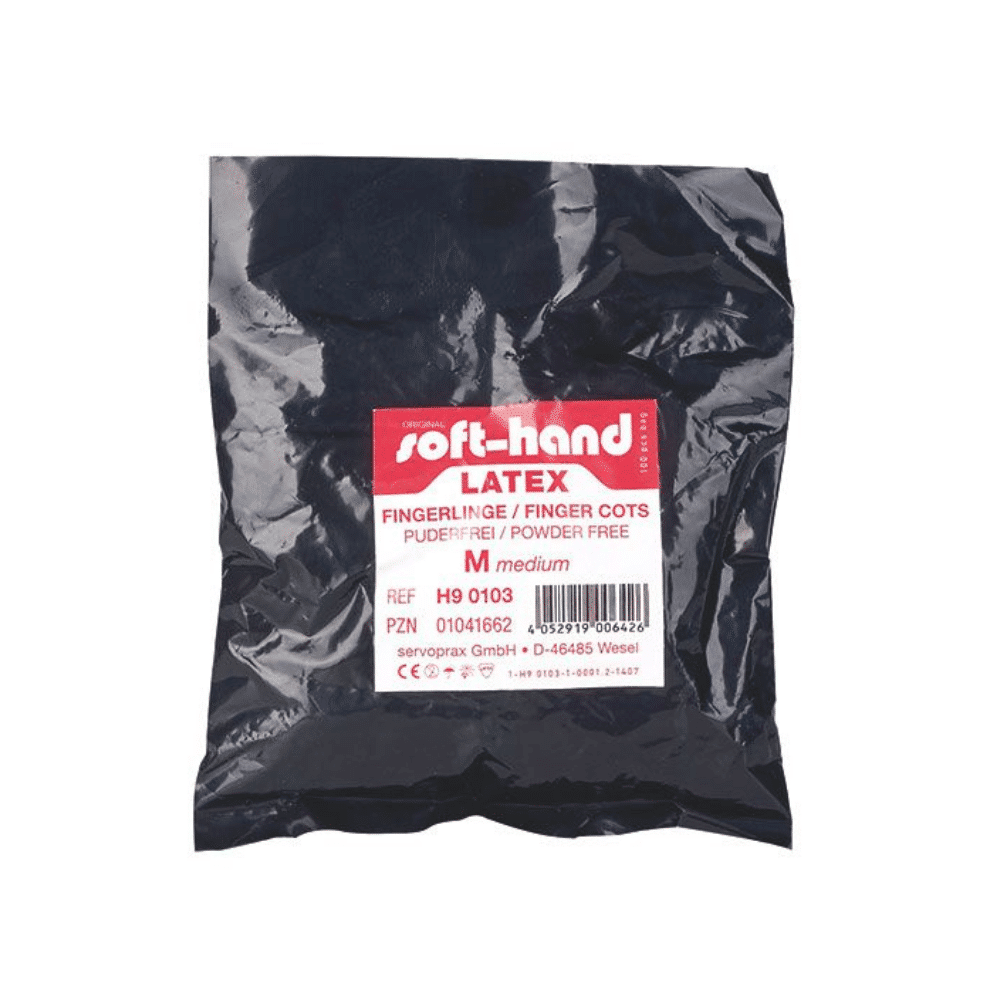 Balenie s nápisom „Soft-Hand Latexfingerlinge, veľkosť 3 – 100 kusov“ od Servoprax GmbH obsahuje stredne veľké, nesterilné prstienky. Obal je čierny s červeno-bielou etiketou a je bez púdru.
