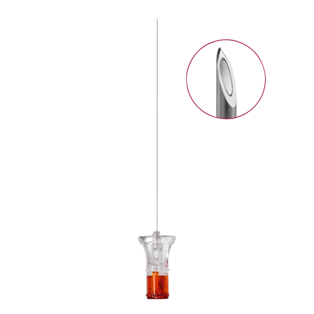 Ihla B. Braun Spinocan® (0,33 x 120 mm, G 29, 4 3/4") od B. Braun Deutschland GmbH & Co. KG má priehľadný plastový hriadeľ s oranžovým základom, skosený kovový hrot pre presnosť a je ideálna pre lekárske zákroky.