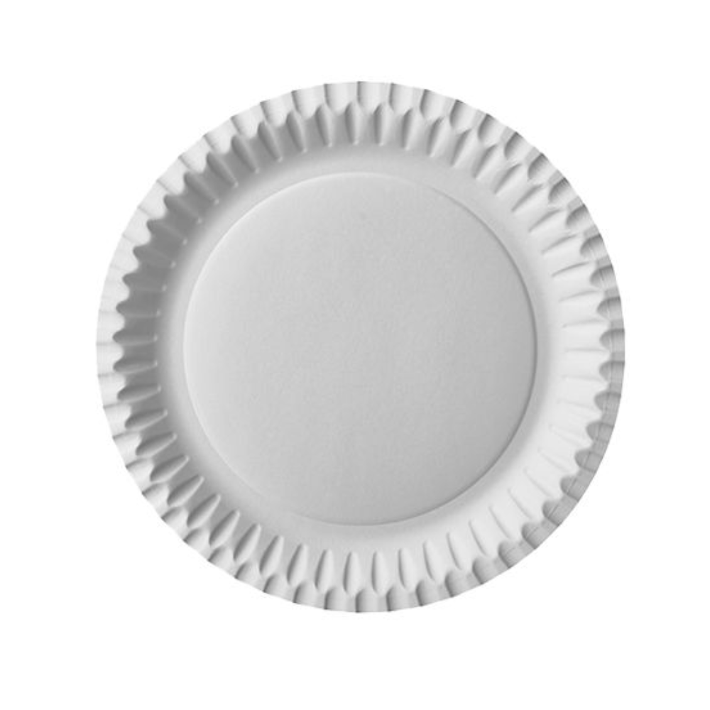 Jednoduchý, okrúhly Starpak 100 tanier z papiera (biely), priemer 23 cm, s mierne zvýšeným, zvlneným okrajom, zobrazený zhora na bielom pozadí.