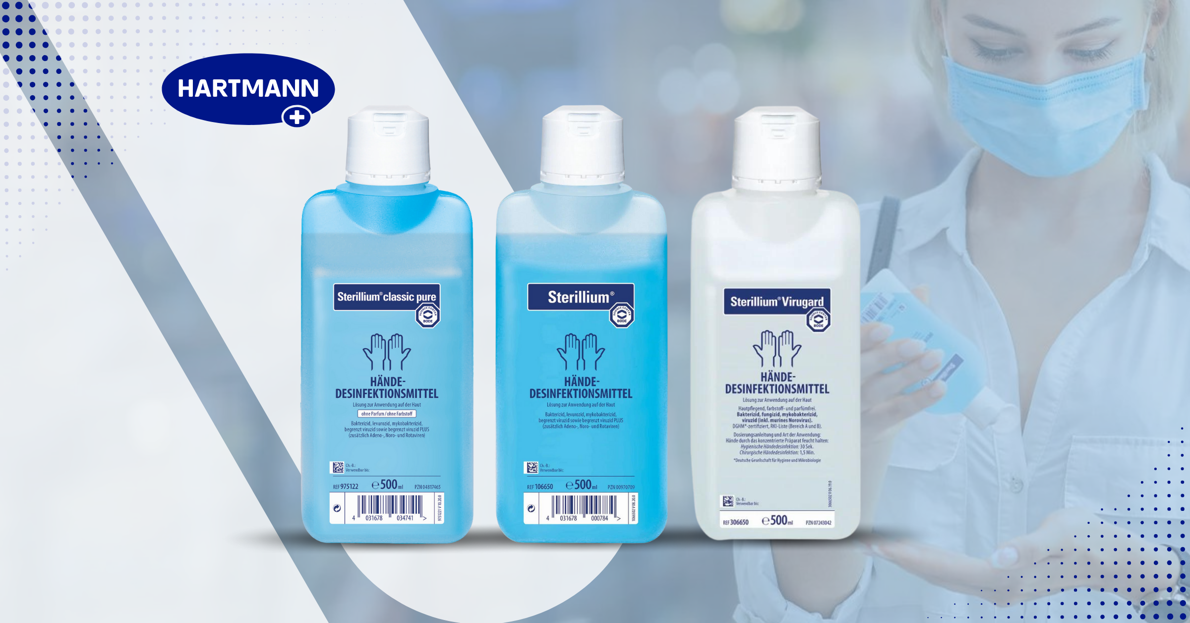 Drei Flaschen Hartmann Sterillium Händedesinfektionsmittel werden ausgestellt. Eine Flasche trägt die Aufschrift „Classic Pure“, eine andere „Sterillium“ und die dritte „Virugard“. Im Hintergrund ist eine Frau mit Maske zu sehen, die ein Telefon hält. Auf der linken Seite ist das Hartmann-Logo zu sehen.