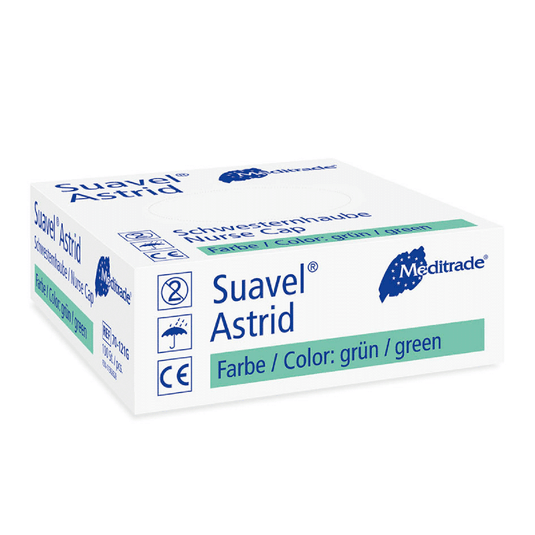 Jedno balenie operačných rukavíc Meditrade Suavel® Astrid pre zdravotné sestry od spoločnosti Meditrade GmbH. Obal je prevažne biely a modrý, pričom text uvádza farbu rukavíc ako zelenú. Symboly naznačujú, že rukavice sú určené na jednorazové použitie.