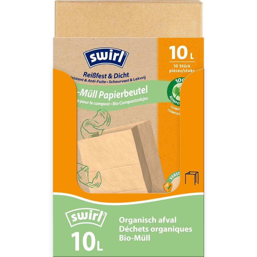 Eine Rolle Swirl Bio-Müll Papierbeutel 10 l Reißfest & Dicht von Melitta Europa GmbH & Co. KG enthält 10 stabile, kompostierbare Papierbeutel für Bioabfälle, mit mehrsprachigem Text und einer Kohlillustration.