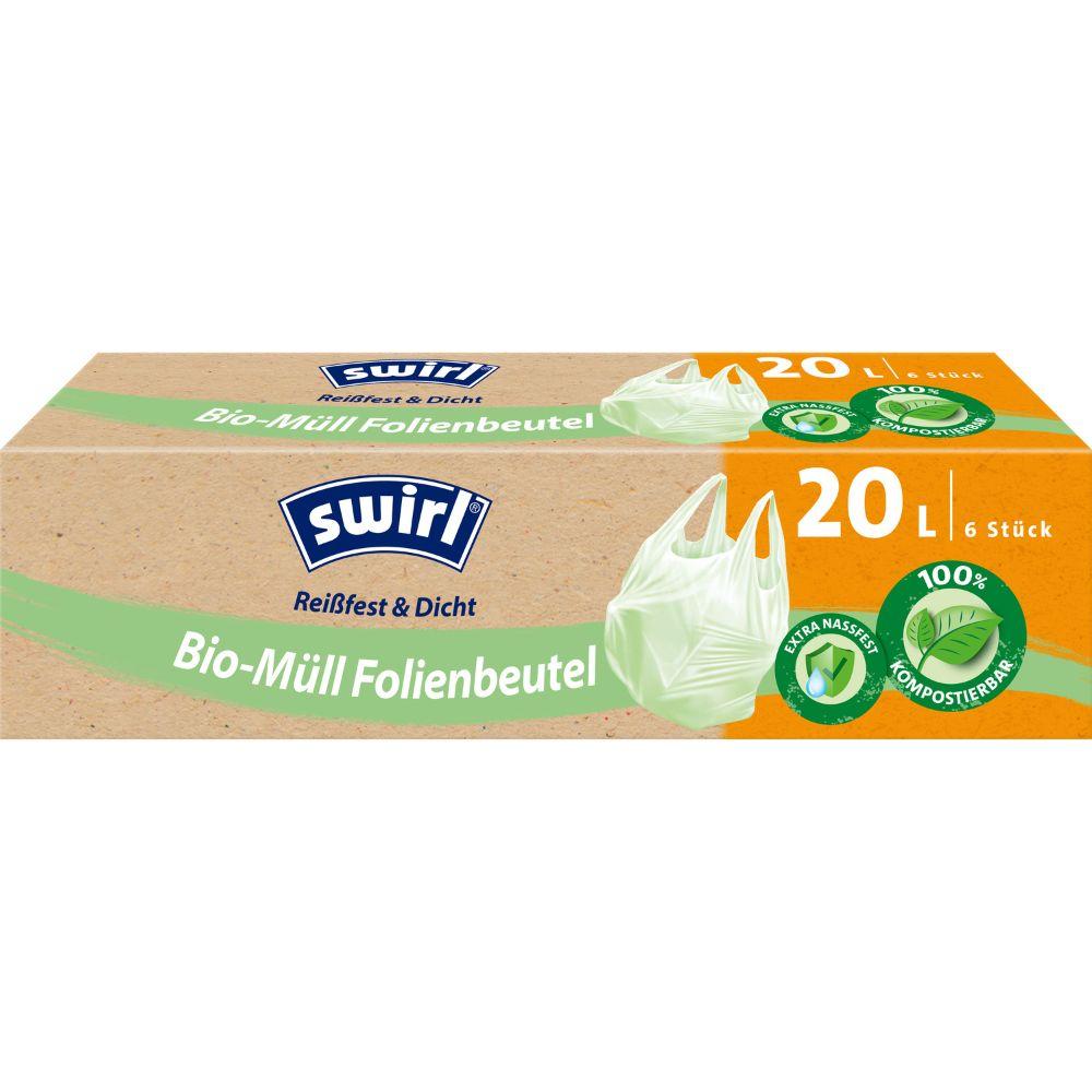 Rolka Swirl biologicky odbúrateľných vreciek na odpad s úchytom (20L, 6 vriec) od Melitta Europa GmbH & Co. KG – odolné voči roztrhnutiu, nepriepustné, certifikované DINplus, kompostovateľné. Zelený obrázok vrecka na obale.